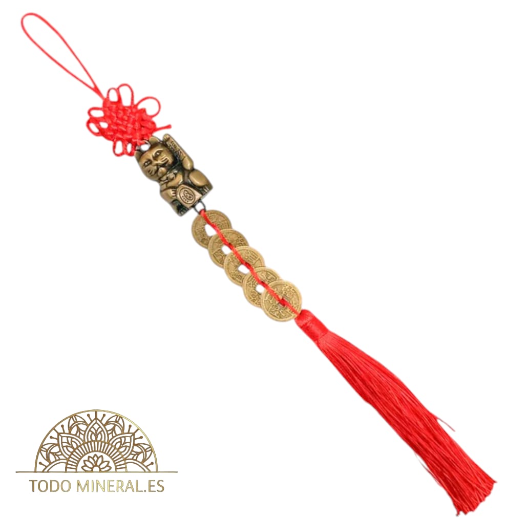 Colgante Feng Shui Gato De La Suerte Y 5 Monedas China 37 Cms Aproximado FENG SHUI