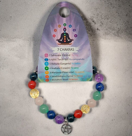 Pulsera 7 Chakras Piedra Natural Y  Plata 925 Pentagrama TODOMINERAL