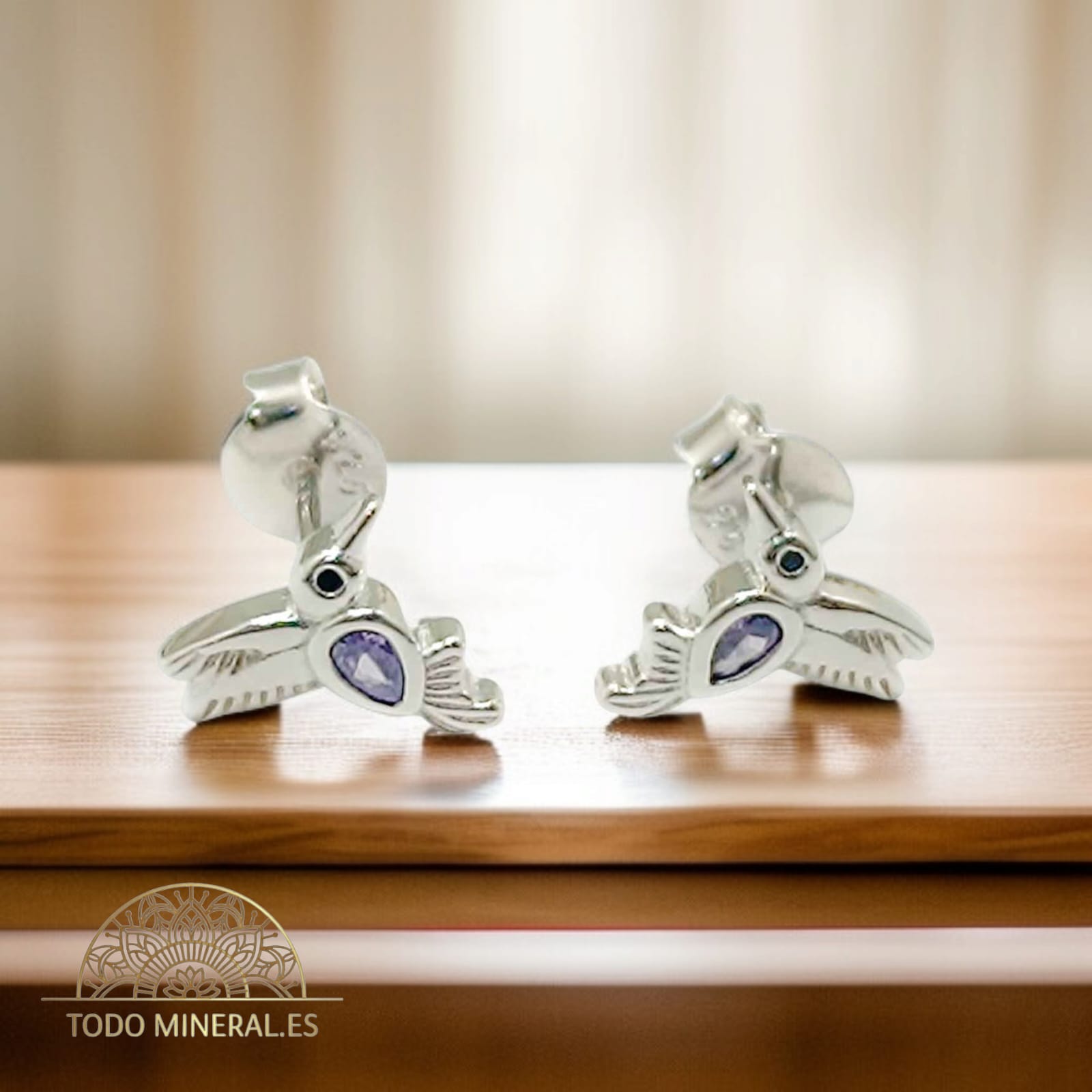 Pendientes Pegado Colibri Con Circonitas Cristal Color Lila Plata 925 10 mm PENDIENTES PLATA 925