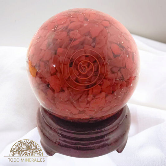 Esfera Orgonita Con Jaspe Rojo 8 Cms Con Peana De Madera ESFERA MINERAL