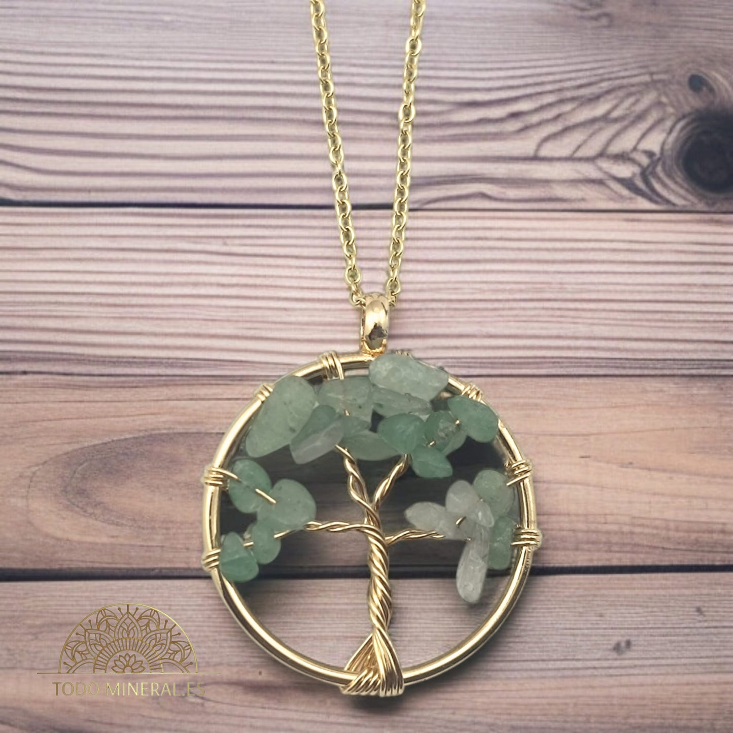Collar En Acero Dorado Árbol De La Vida 30 mm Piedra Aventurina Con Cadena 45 Cms TODOMINERAL