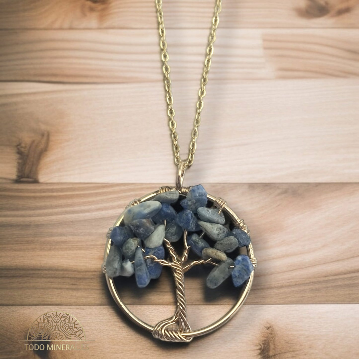 Collar En Acero Dorado Árbol De La Vida 30 mm Piedra Sodalita Con Cadena 40 Cms
