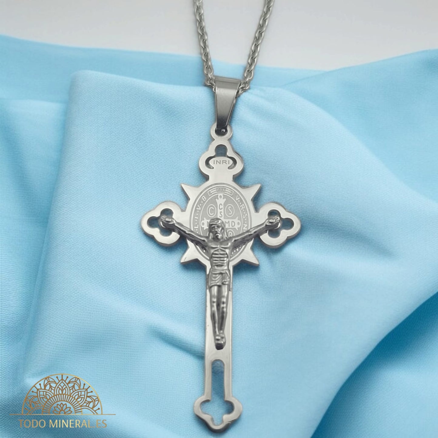 Collar Acero Cruz Cristo Y Medalla San Benito 55 mm Con Cadena 45 Cms TODOMINERAL