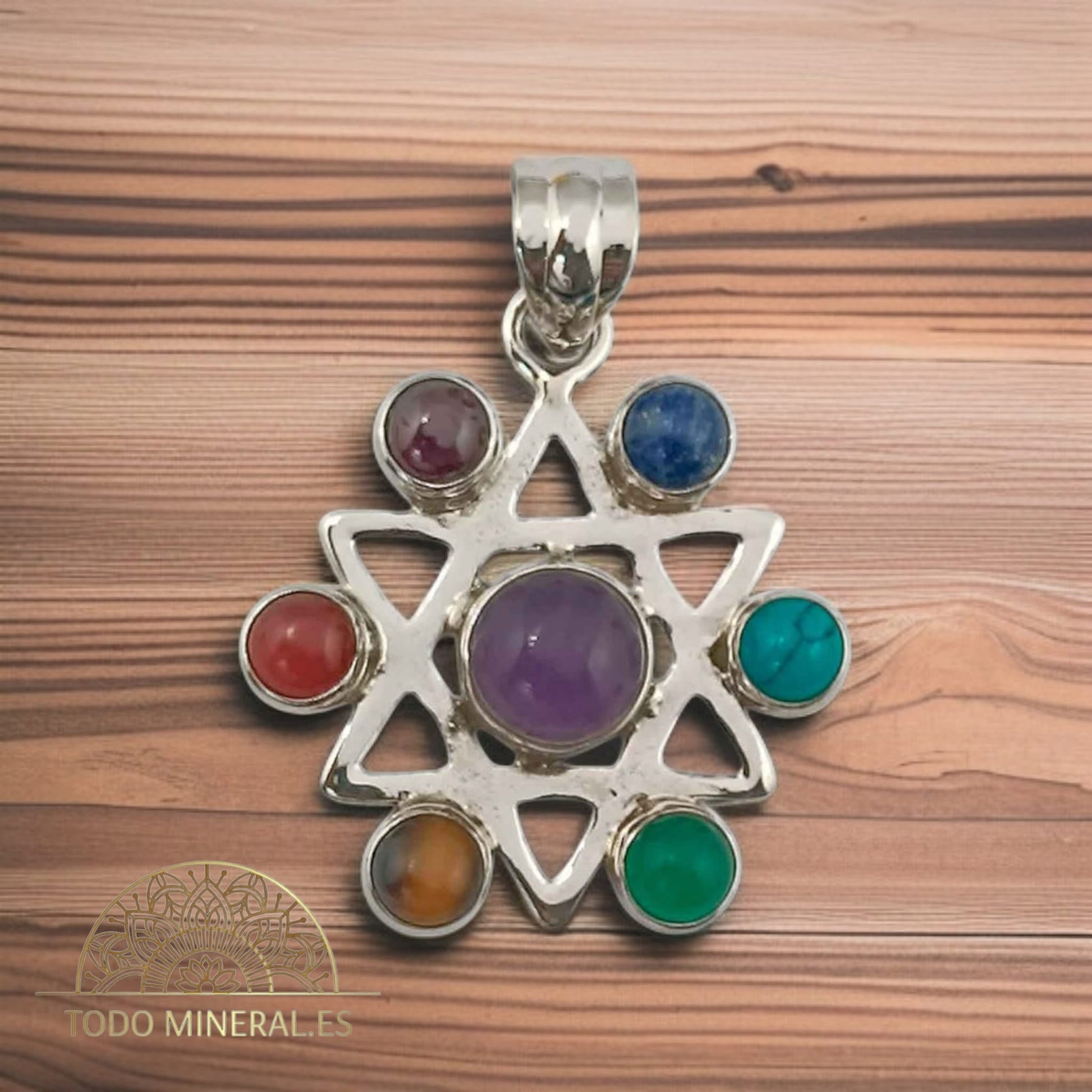 Colgante Plata 925Estrella De David Con Piedra Natural 7 Chakras 30 mm Aproximadamente TODOMINERAL