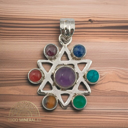 Colgante Plata 925Estrella De David Con Piedra Natural 7 Chakras 30 mm Aproximadamente TODOMINERAL