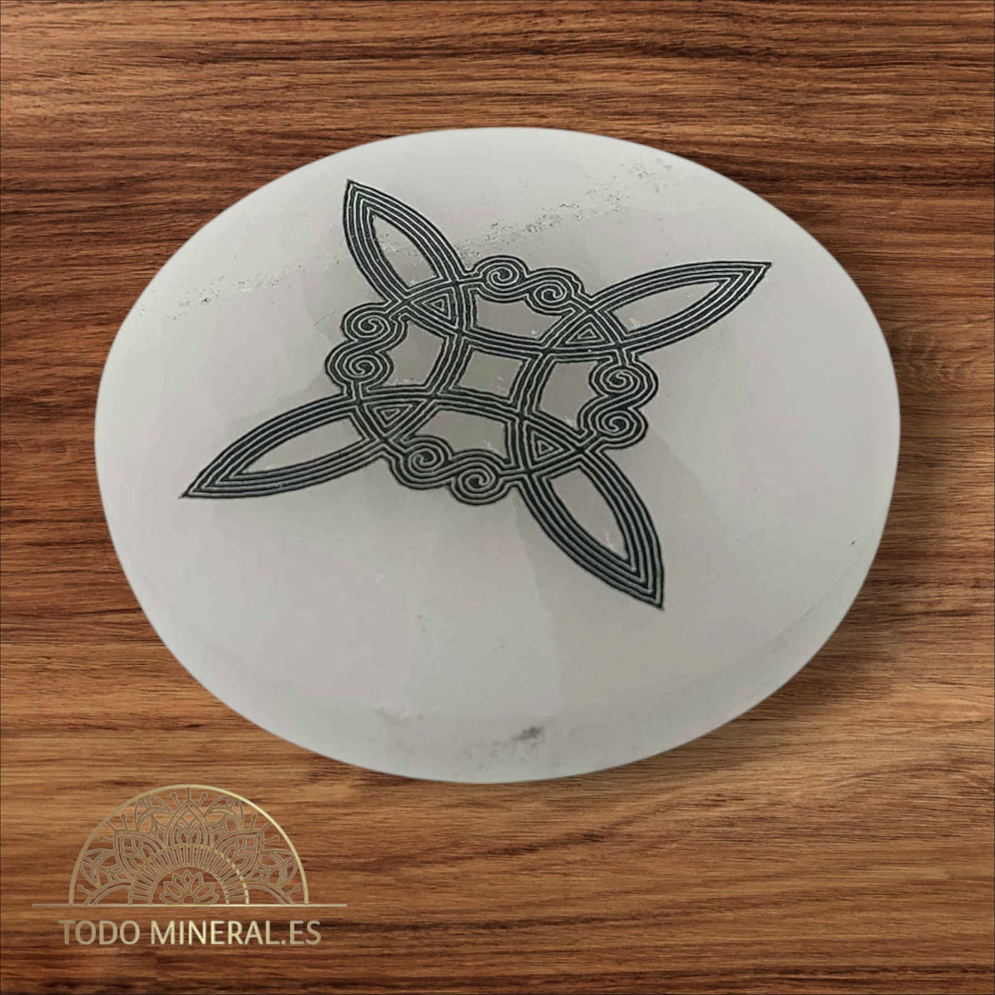 Plato Selenita 10 Cms Para Limpieza Minerales Grabado Símbolo Nudo De Bruja TODOMINERAL