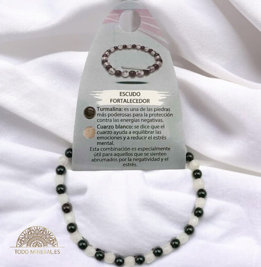 Pulsera Combinada Piedra Cuarzo Blanco Y Turmalina Para Escudo Fortalecedor Piedra De 4 mm PULSERAS MINERALES