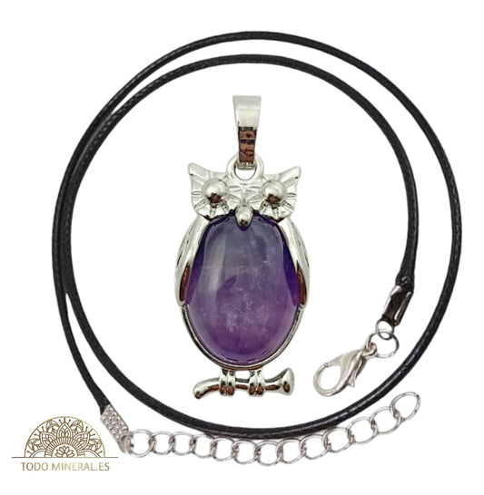 Colgante Búho Metal Con Piedra Amatista (INCLUYE CORDON 45 CMS EN NEGRO) TODOMINERAL