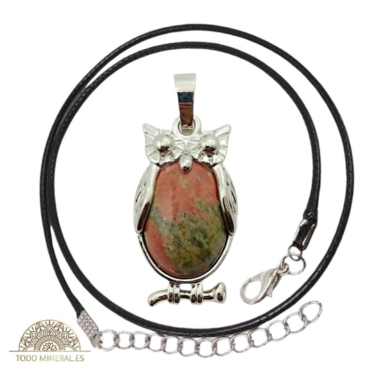 Colgante Búho Metal Con Piedra Unakita (INCLUYE CORDON 45 CMS EN NEGRO) TODOMINERAL