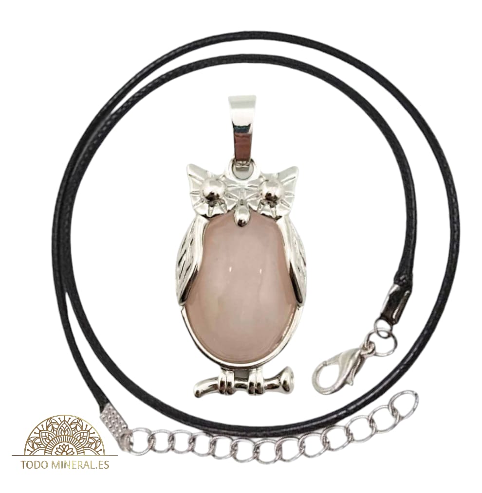 Colgante Búho Metal Con Piedra Cuarzo Rosa (INCLUYE CORDON 45 CMS EN NEGRO) TODOMINERAL