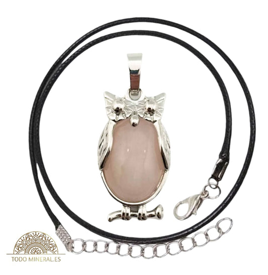 Colgante Búho Metal Con Piedra Cuarzo Rosa (INCLUYE CORDON 45 CMS EN NEGRO) TODOMINERAL