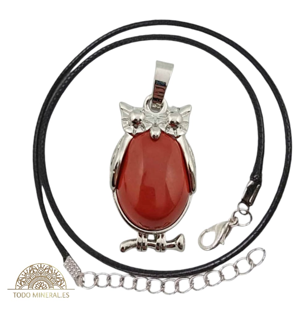 Colgante Búho Metal Con Piedra Jaspe Raojo (INCLUYE CORDON 45 CMS EN NEGRO) TODOMINERAL