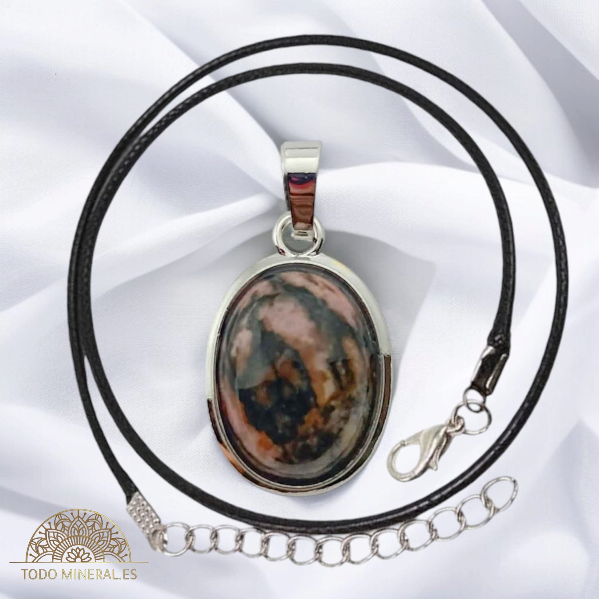 Colgante Ovalado Metal Con Piedra Rodonita (INCLUYE CORDON 45 CMS EN NEGRO) TODOMINERAL