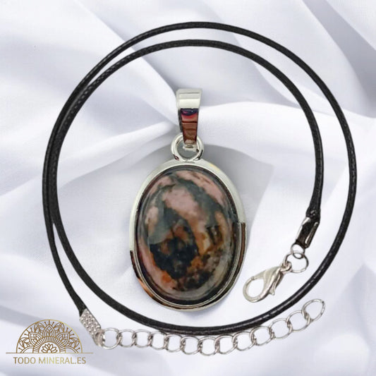Colgante Ovalado Metal Con Piedra Rodonita (INCLUYE CORDON 45 CMS EN NEGRO) TODOMINERAL