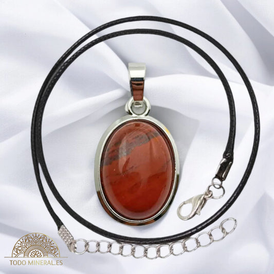 Colgante Ovalado Metal Con Piedra Jaspe Rojo (INCLUYE CORDON 45 CMS EN NEGRO) TODOMINERAL