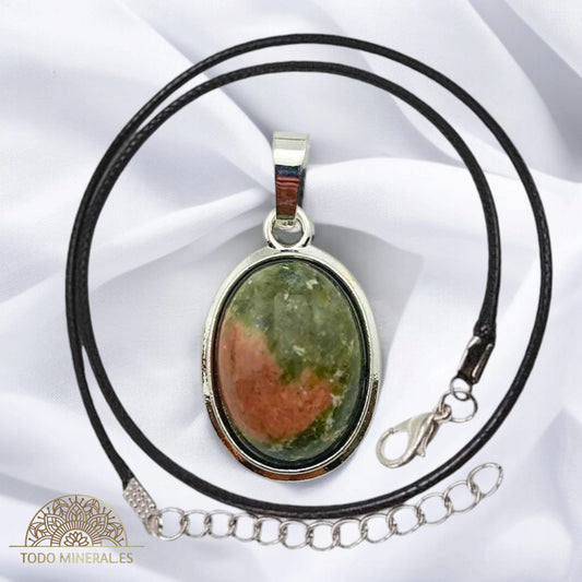 Colgante Ovalado Metal Con Piedra Unakita (INCLUYE CORDON 45 CMS EN NEGRO) TODOMINERAL