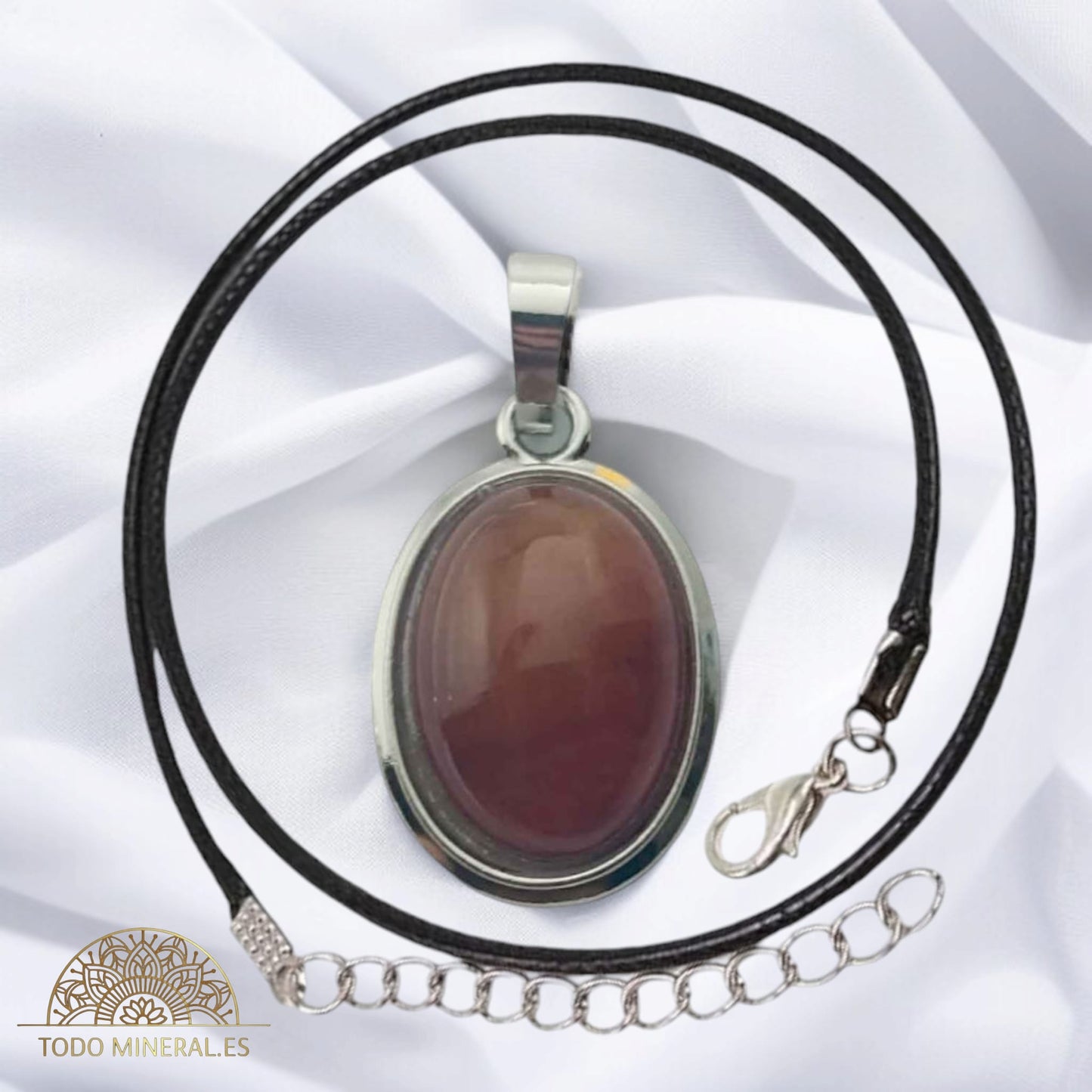 Colgante Ovalado Metal Con Piedra Jaspe Rojo (INCLUYE CORDON 45 CMS EN NEGRO) TODOMINERAL