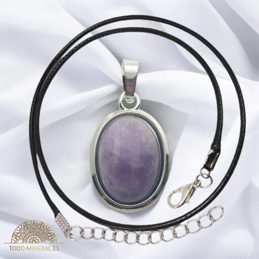 Colgante Ovalado Metal Con Piedra Amatista (INCLUYE CORDON 45 CMS EN NEGRO) TODOMINERAL