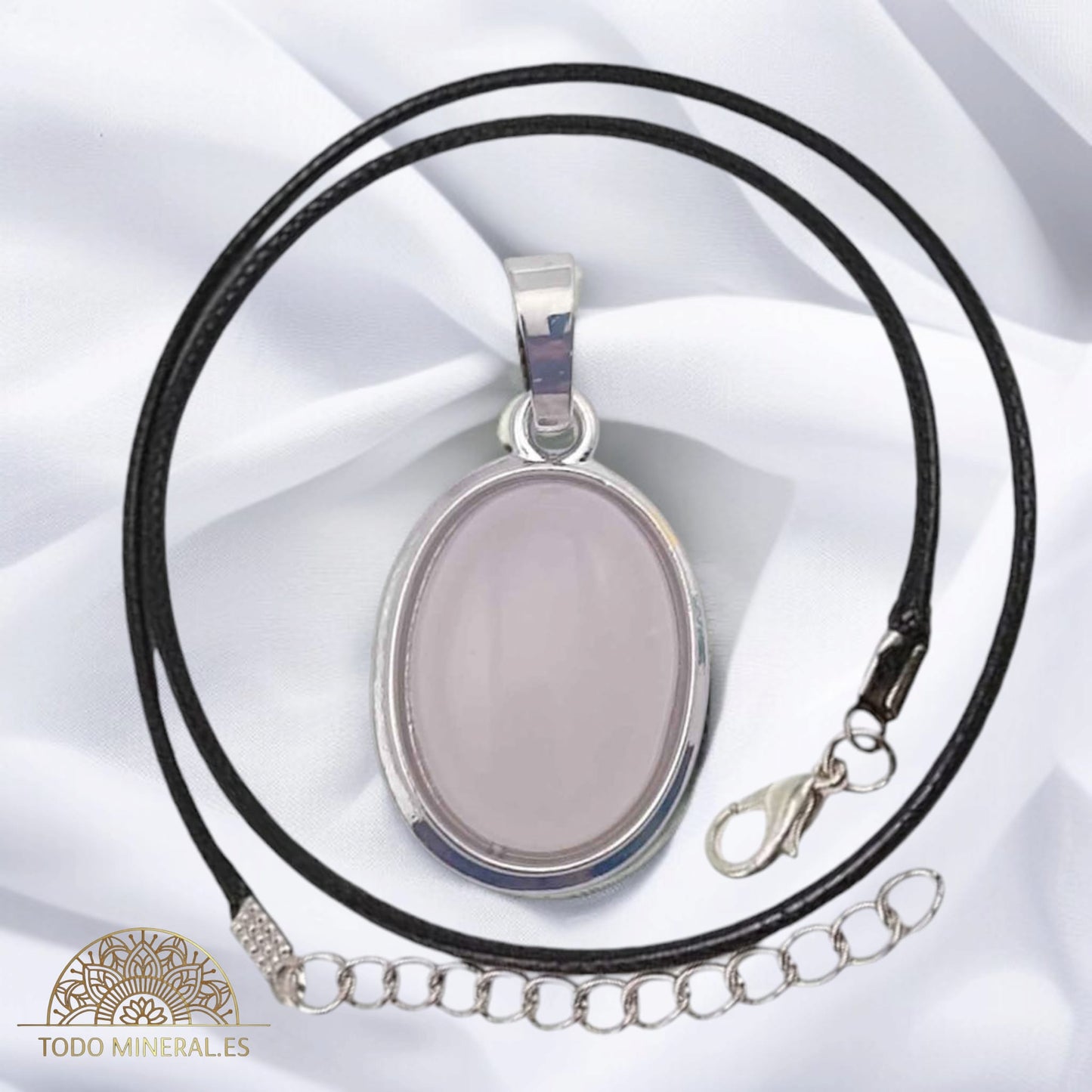 Colgante Ovalado Metal Con Piedra Cuarzo Rosa (INCLUYE CORDON 45 CMS EN NEGRO) TODOMINERAL