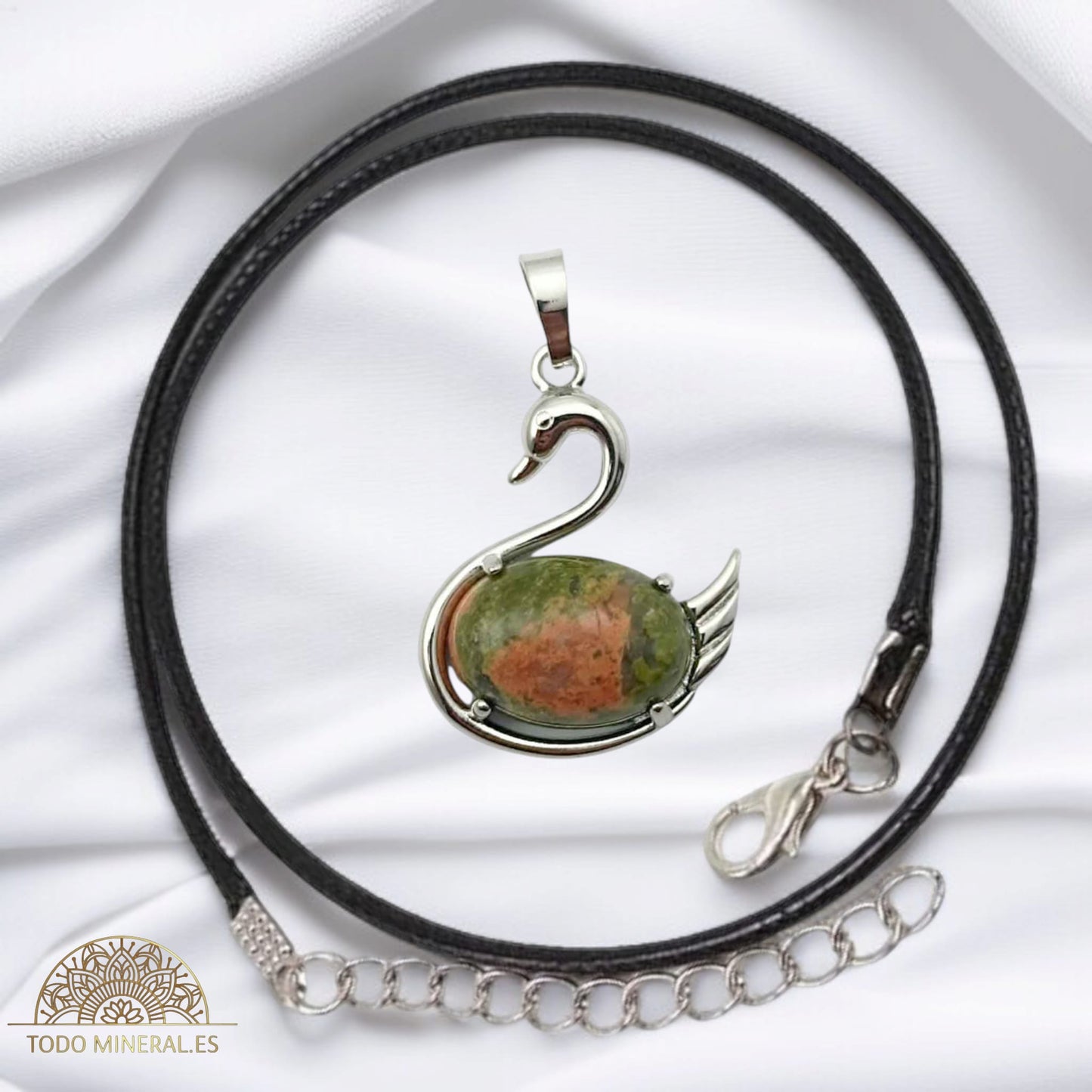 Colgante Cisne Metal Con Piedra Unakita (INCLUYE CORDON 45 CMS EN NEGRO) TODOMINERAL