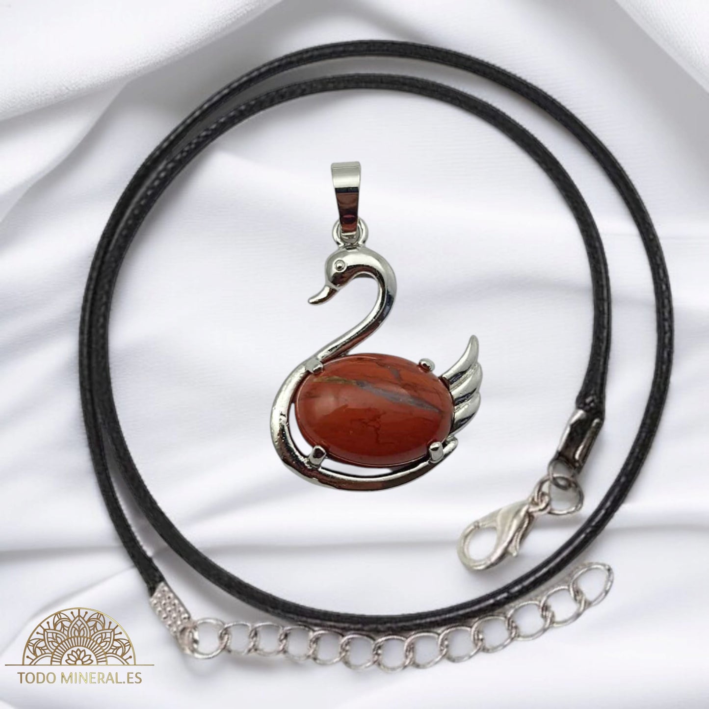 Colgante Cisne Metal Con Piedra Jaspe Rojo (INCLUYE CORDON 45 CMS EN NEGRO) TODOMINERAL
