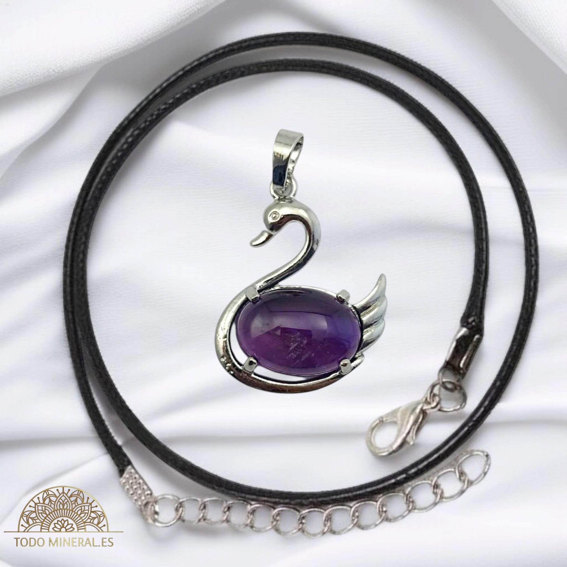 Colgante Cisne Metal Con Piedra Amatista (INCLUYE CORDON 45 CMS EN NEGRO) TODOMINERAL