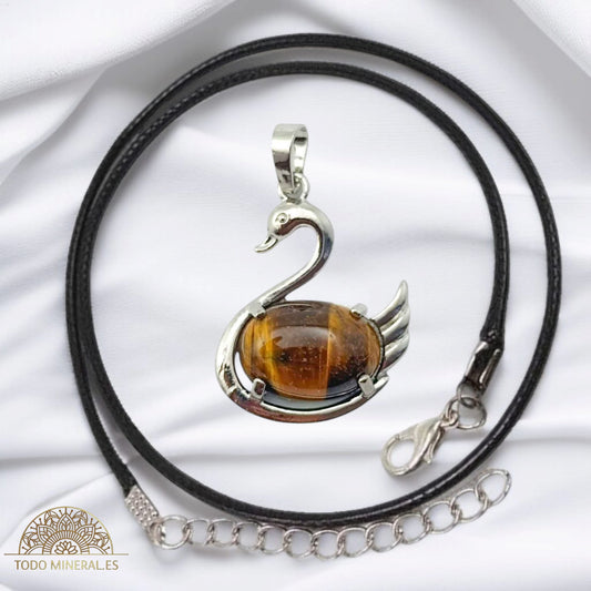 Colgante Cisne Metal Con Piedra Ojo De Tigre (INCLUYE CORDON 45 CMS EN NEGRO) TODOMINERAL