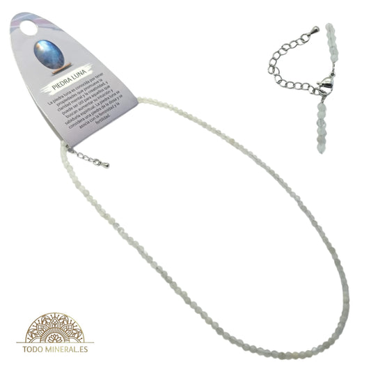 Collar Piedra Luna 4 mm 40 Cms+ 5 Cadena Extensión Con Cierre En Acero TODOMINERAL