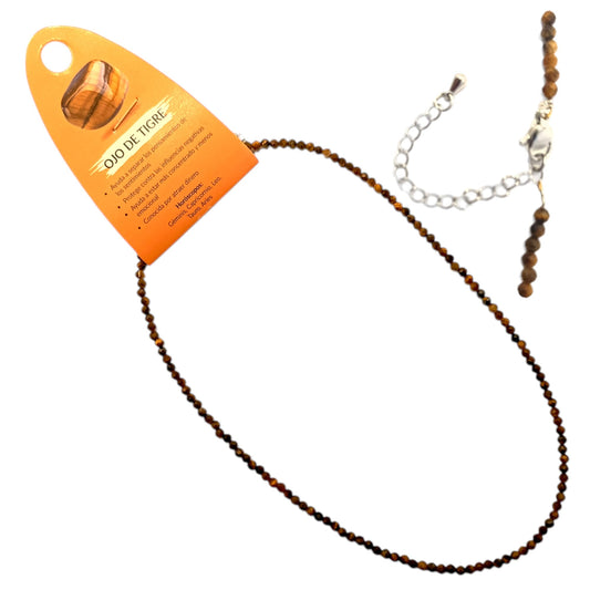 Collar Ojo De Tigre 4 mm Facetada 40 Cms+ 5 Cadena Extensión Con Cierre En Acero TODOMINERAL