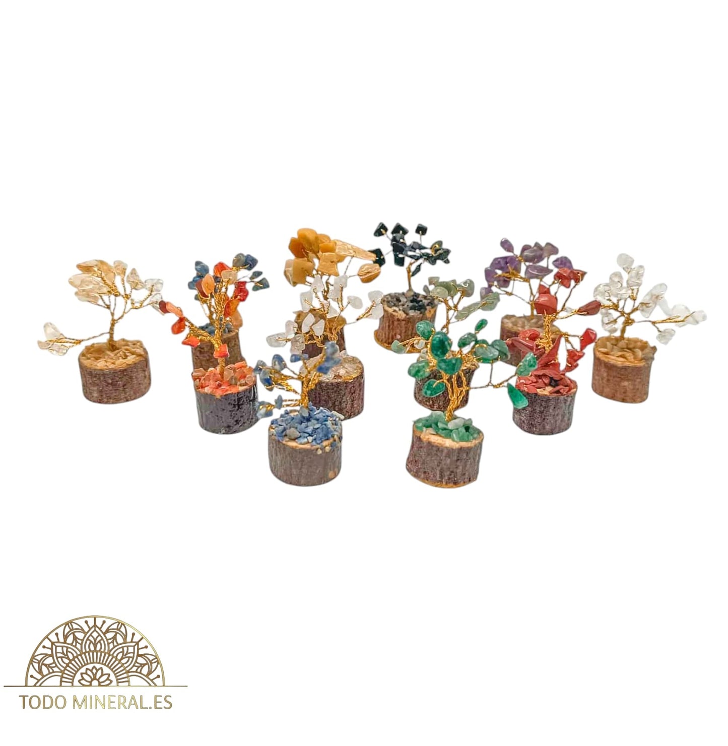 Colección 12 Arboles Diferentes Minerales Piedras De Chips 6 Cms Aprox Metal Dorado TODOMINERAL