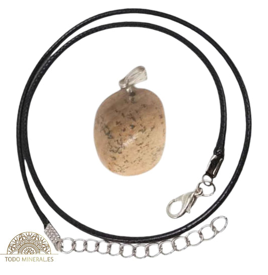 Collar Metal Con Piedra Natural Canto Rodado Jaspe Madera (INCLUYE CORDON 45 CMS EN NEGRO) TODOMINERAL