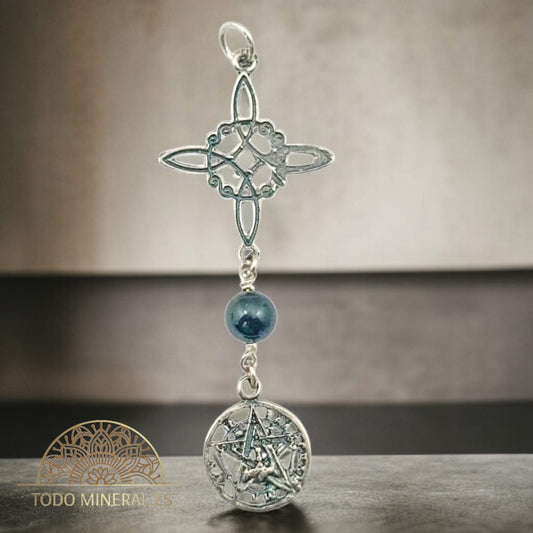 Colgante Plata 925 Triple Protección Nudo De Bruja Tetragramaton y Piedra Natural Turmalina 55 mm Aproximadamente TODOMINERAL