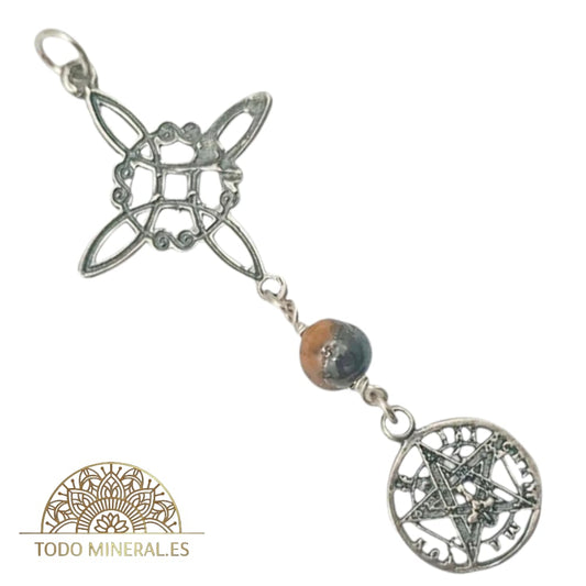 Colgante Plata 925 Triple Protección Nudo De Bruja Tetragramaton y Piedra Natural Ojo De Tigre 55 mm Aproximadamente (Copia) TODOMINERAL
