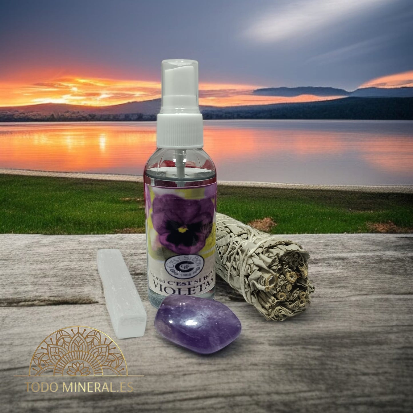Kit Protección Limpieza Y Serenidad Difusor Con Colonia Violetas 70ml Salvia Palo Santo Selenita Y Amatista TODOMINERAL