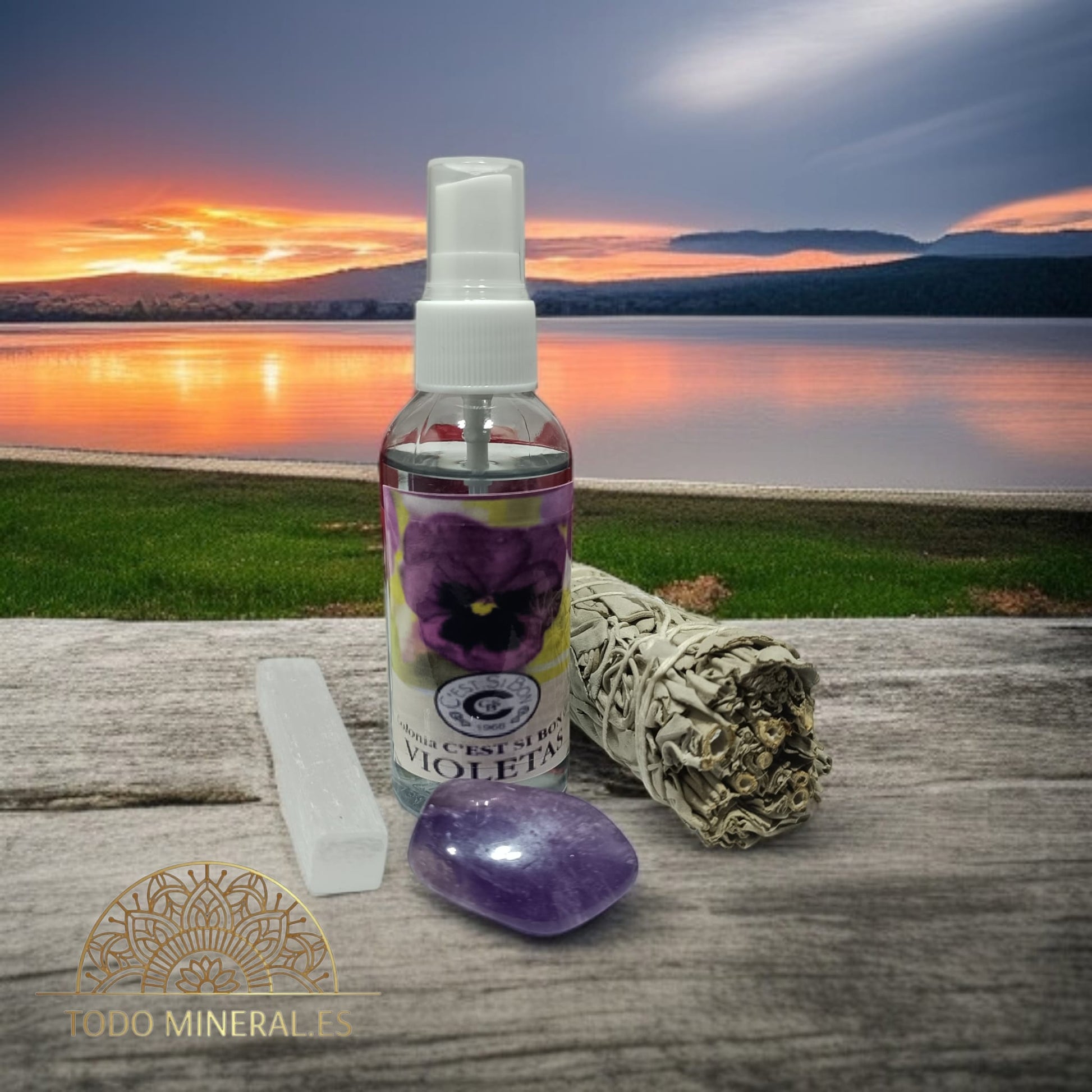 Kit Protección Limpieza Y Serenidad Difusor Con Colonia Violetas 70ml Salvia Palo Santo Selenita Y Amatista TODOMINERAL