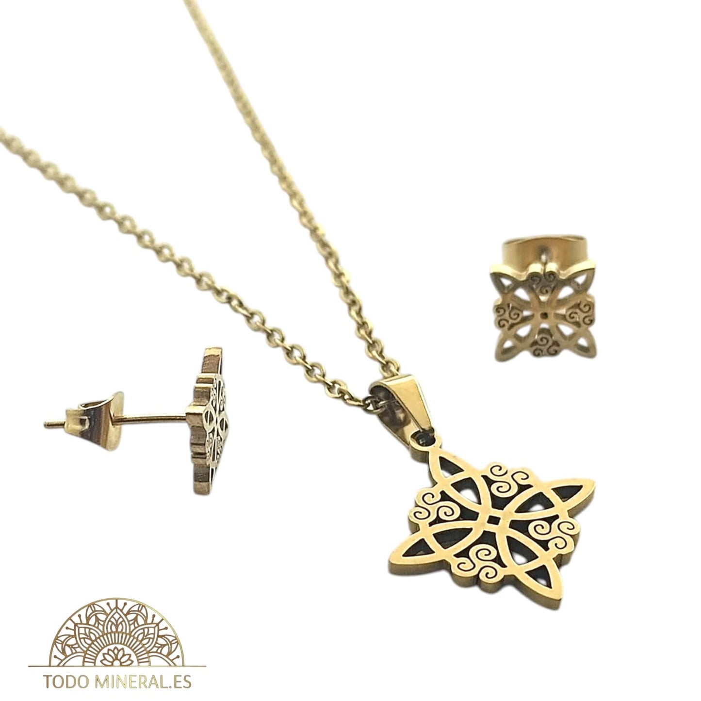 Juego Collar Con Pendientes Nudo De Bruja En Acero Dorado Con Cadena 45 Cms TODOMINERAL