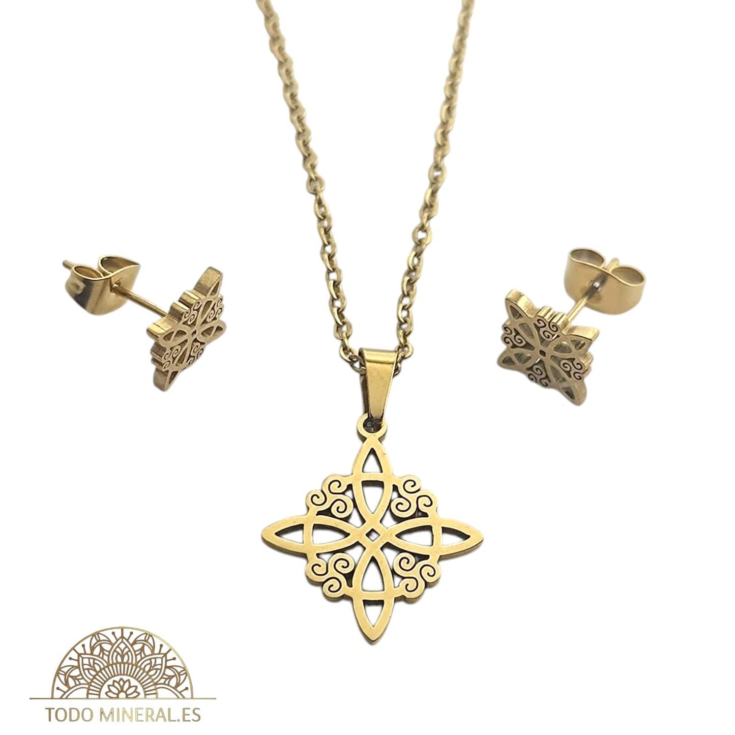 Juego Collar Con Pendientes Nudo De Bruja En Acero Dorado Con Cadena 45 Cms TODOMINERAL