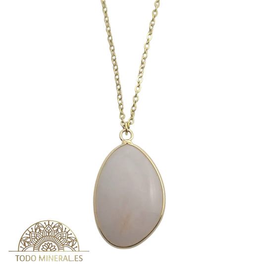 Collar Piedra Natural Cuarzo Rosa Engarzado En Acero Dorado Con Cadena 45 Cms TODOMINERAL