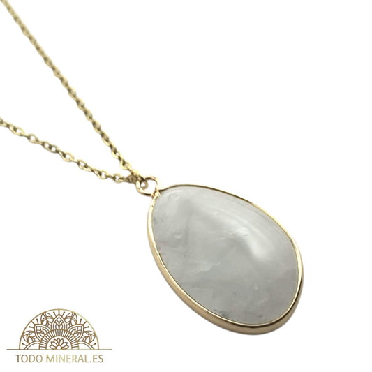 Collar Piedra Natural Cuarzo Blanco Engarzado En Acero Dorado Con Cadena 45 Cms TODOMINERAL