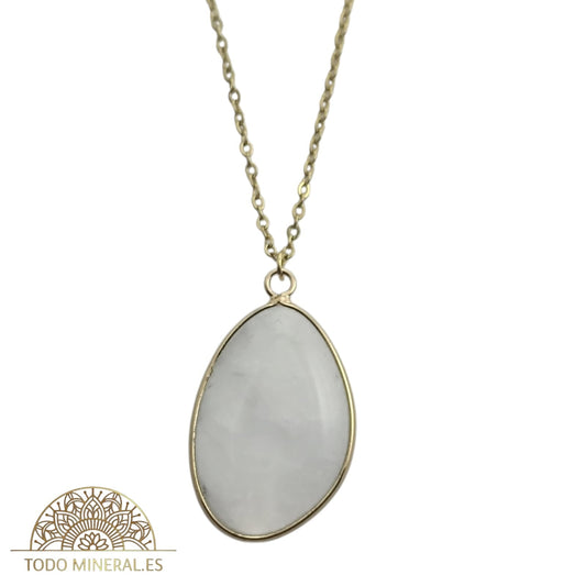 Collar Piedra Natural Cuarzo Blanco Engarzado En Acero Dorado Con Cadena 45 Cms TODOMINERAL