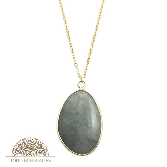 Collar Piedra Natural Labradorita Engarzado En Acero Dorado Con Cadena 45 Cms TODOMINERAL