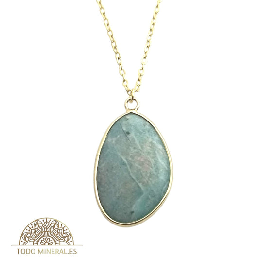 Collar Piedra Natural Amazonita Engarzado En Acero Dorado Con Cadena 45 Cms TODOMINERAL