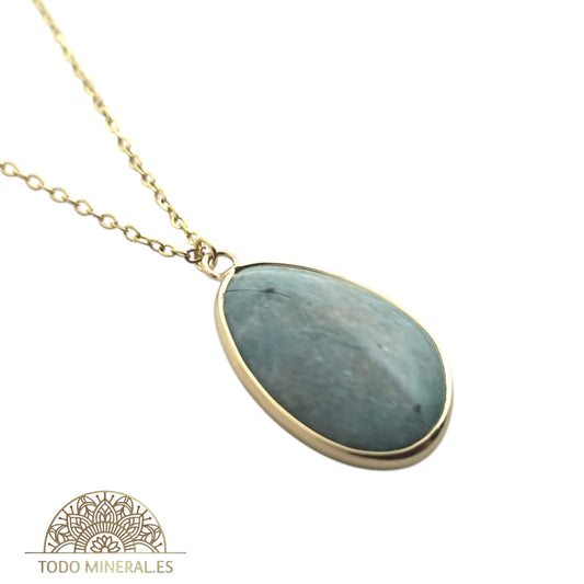 Collar Piedra Natural Amazonita Engarzado En Acero Dorado Con Cadena 45 Cms TODOMINERAL