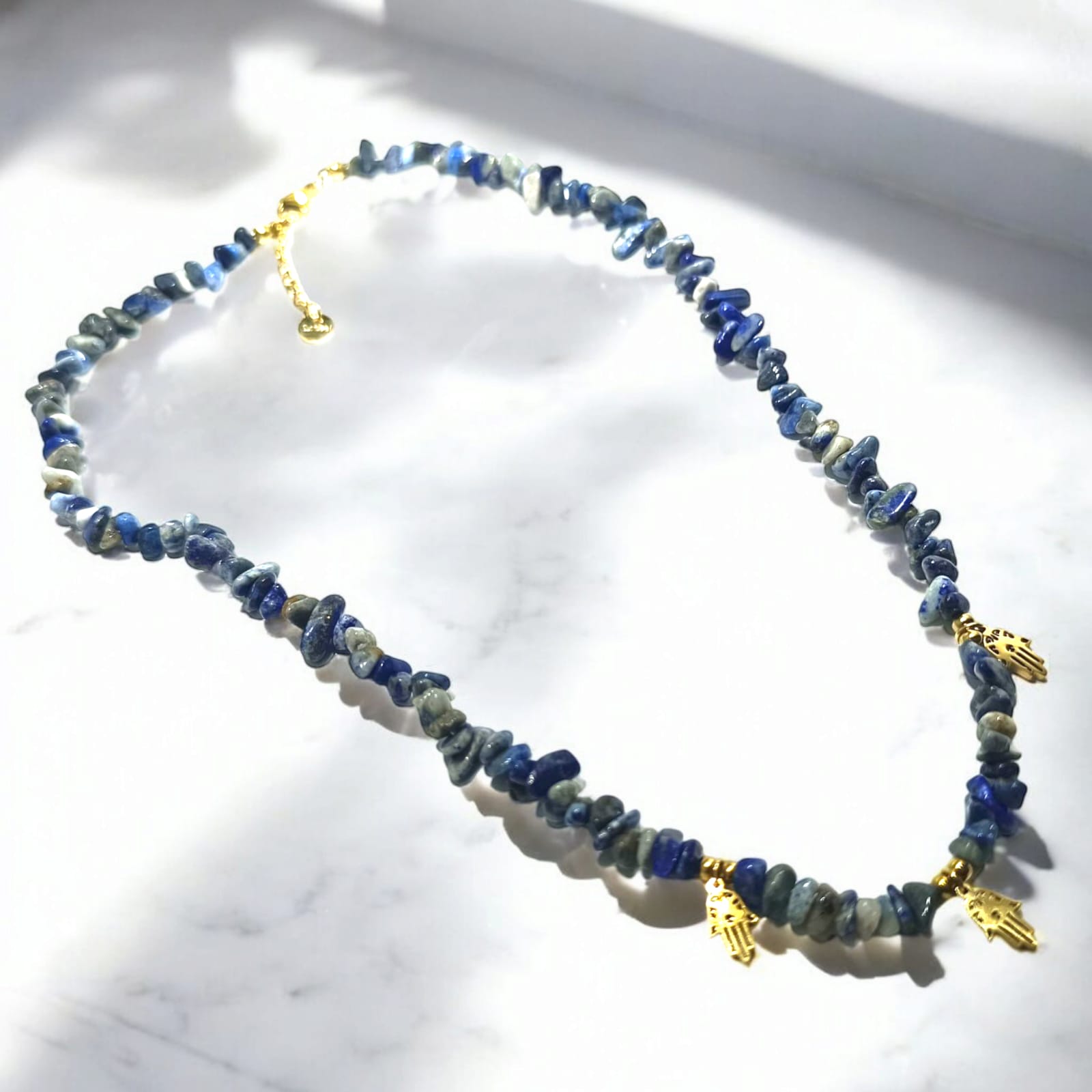 Collar Cips Piedra Natural Lapislázuli Con Dijes Mano Fátima 45 Cms TODOMINERAL