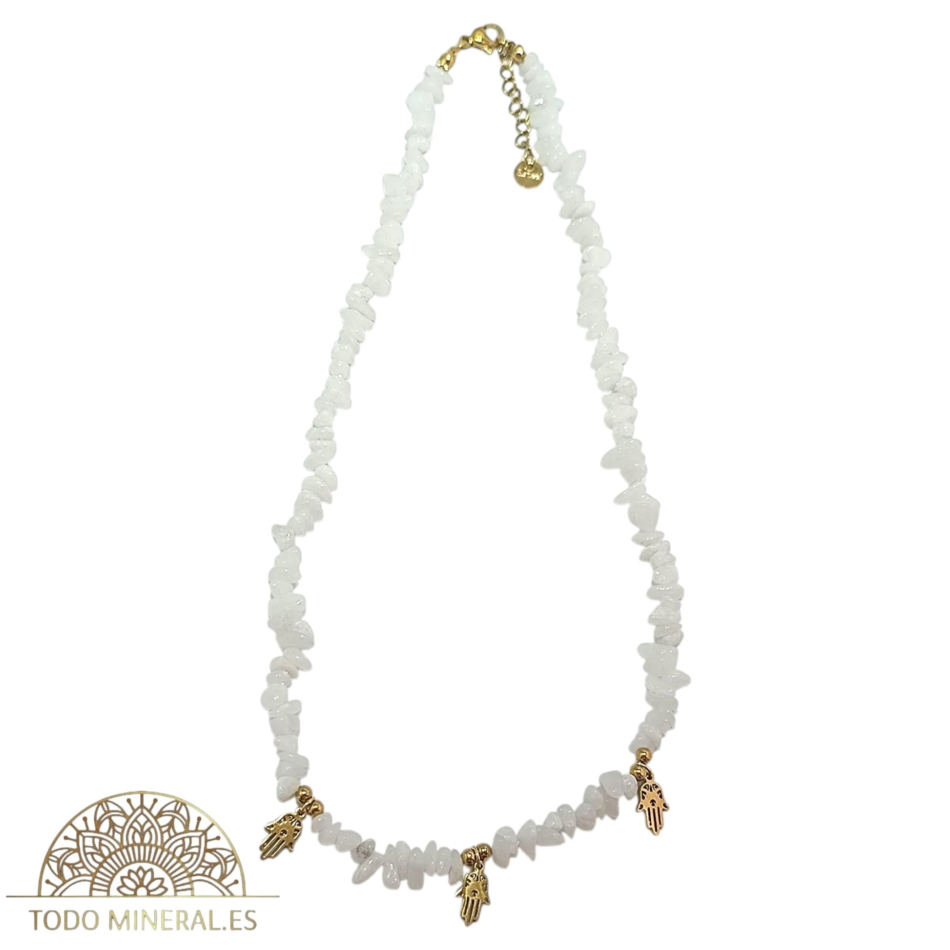 Collar Cips Piedra Natural Cuarzo Blanco Con Dijes Mano De Fátima 45 Cms TODOMINERAL