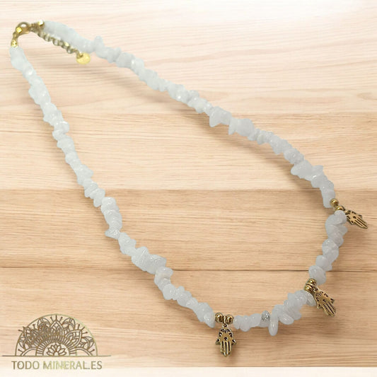 Collar Cips Piedra Natural Cuarzo Blanco Con Dijes Mano De Fátima 45 Cms TODOMINERAL