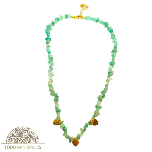 Collar Cips Piedra Natural Aventurina Con Dijes Corazones 45 Cms TODOMINERAL