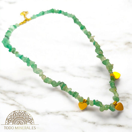 Collar Cips Piedra Natural Aventurina Con Dijes Corazones 45 Cms TODOMINERAL