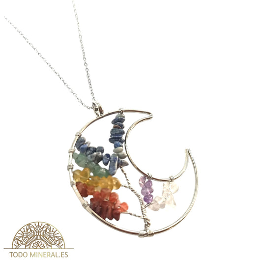 Collar Acero Media Luna Piedra Natural 7 Chakras Cadena 45 Cms TODOMINERAL