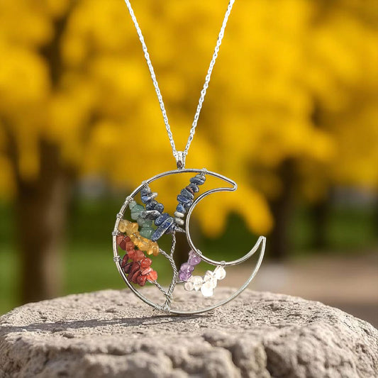 Collar Acero Media Luna Piedra Natural 7 Chakras Cadena 45 Cms TODOMINERAL